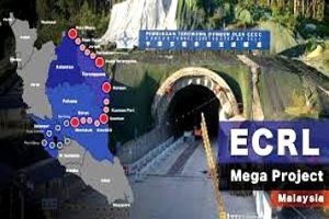 ECRL mega project in Malaysia showing railway tunnel construction and route map